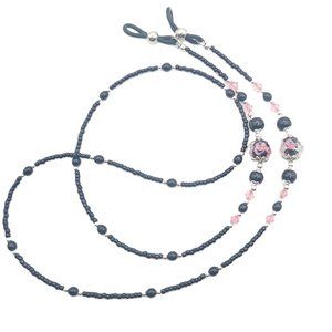 Black and Pink Flowers, Beaded Eyeglass or Sunglass Chain Holder